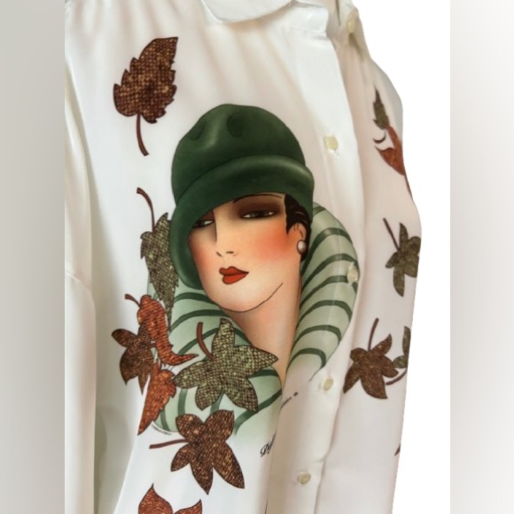 Stunning Autumn DEFENSE B’AFFICHER Blouse Leaf Medium Fall Shirt Top Vintage 90s - Picture 10 of 16